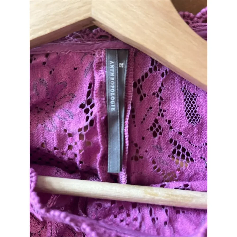 Anthropologie Long Sleeve Lace Patches Blouse XS Lavender‎ Pink